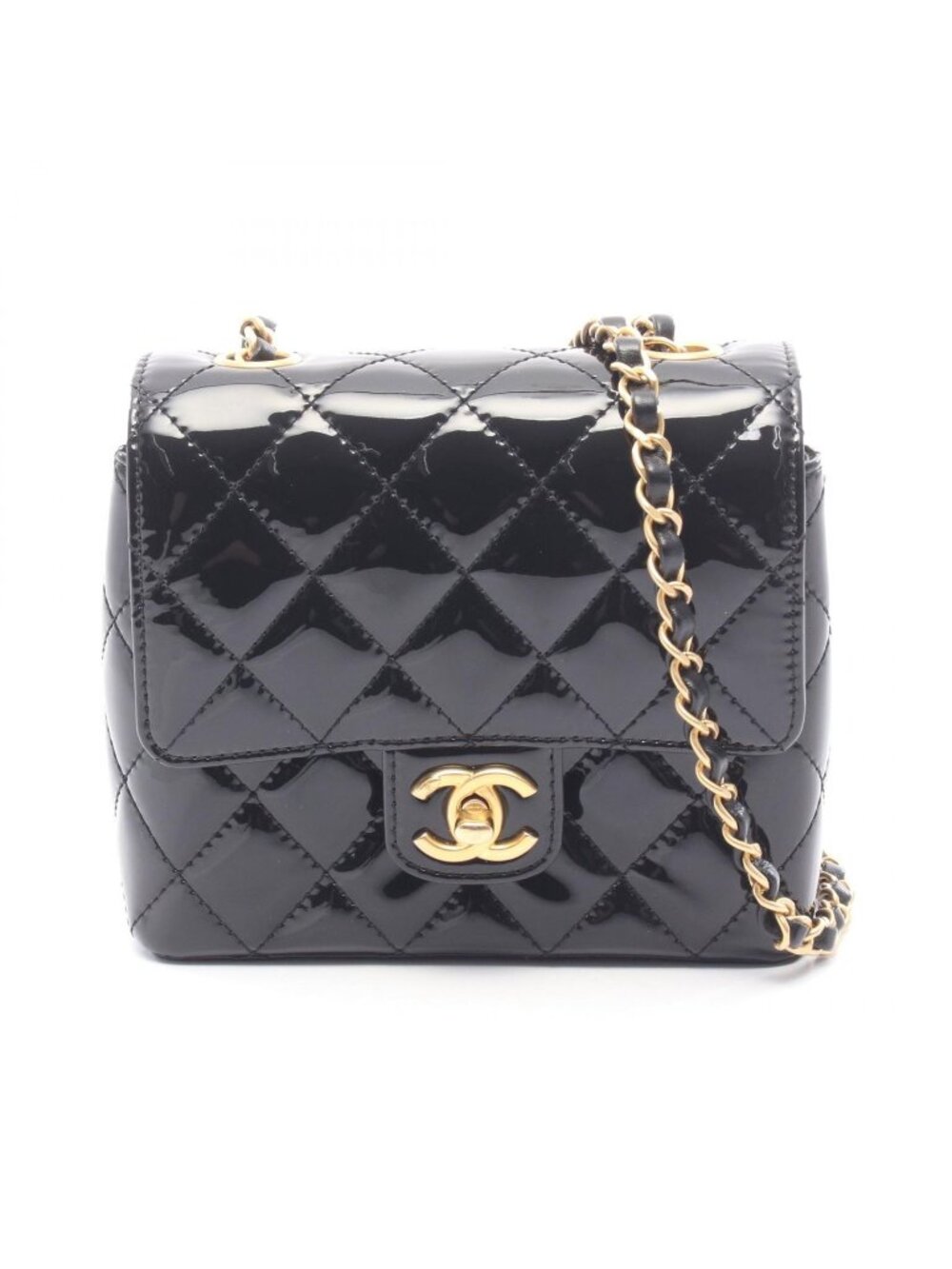 Chanel Shoulder Bag Mini Quilted Chain Black Patent Leather